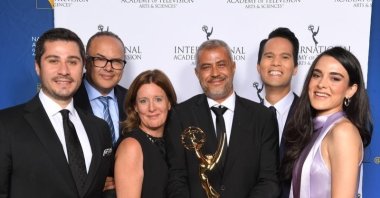 The &quot;Ukraine Wartime Diaries&quot; team poses with the International Emmy Award in the &quot;News and Current Affairs&quot; category, New York City, New York, U.S., Sept. 28, 2023. (Photo courtesy of TRT)