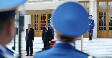 President Recep Tayyip Erdoğan and his Azerbaijani counterpart Ilham Aliyev (R) attend a welcoming ceremony in Nakhchivan, Azerbaijan, Sept. 25, 2023. (Reuters Photo)