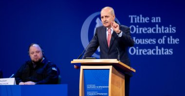 Parliament Speaker Numan Kurtulmuş speaks at the event, in Dublin, Ireland, Sept. 28, 2023.