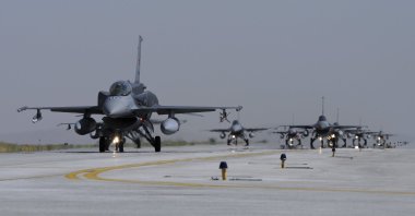 A squadron of Turkish Air Force F16 Block 50+ aircraft taxi on the runway at Konya Air Base, Türkiye, in this undated file photo. (Riccardo Niccoli/Stocktrek Images via Getty Images)