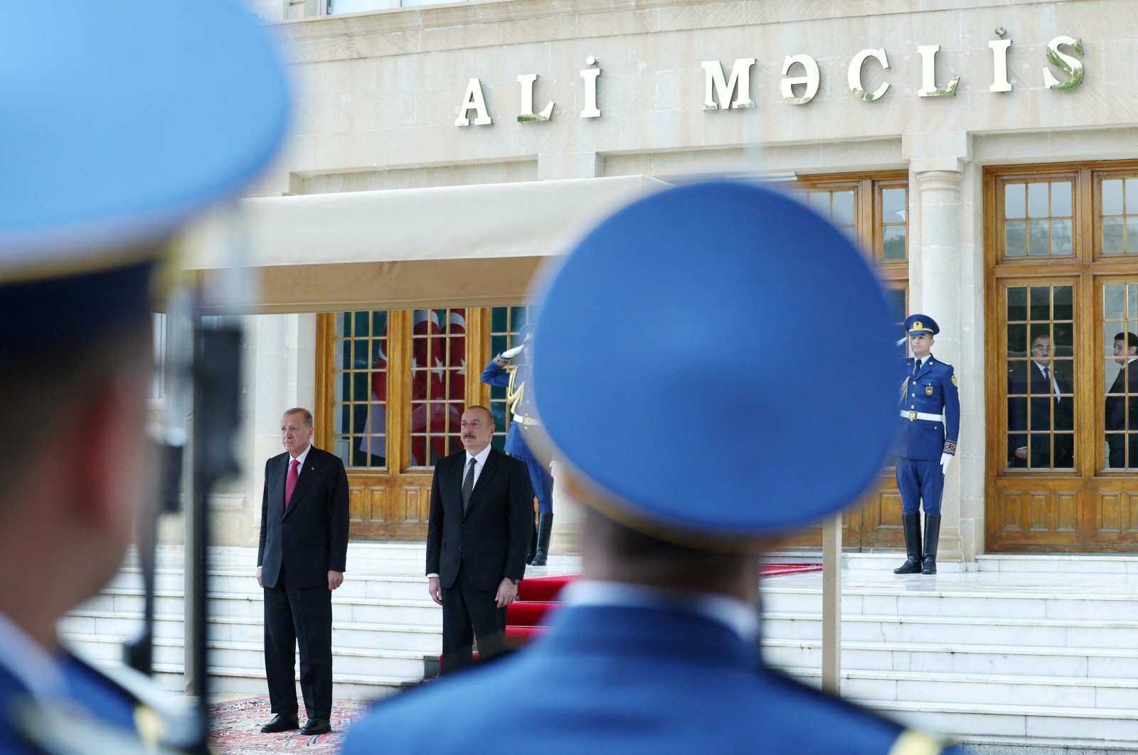 President Recep Tayyip Erdoğan and his Azerbaijani counterpart Ilham Aliyev (R) attend a welcoming ceremony in Nakhchivan, Azerbaijan, Sept. 25, 2023. (Reuters Photo)