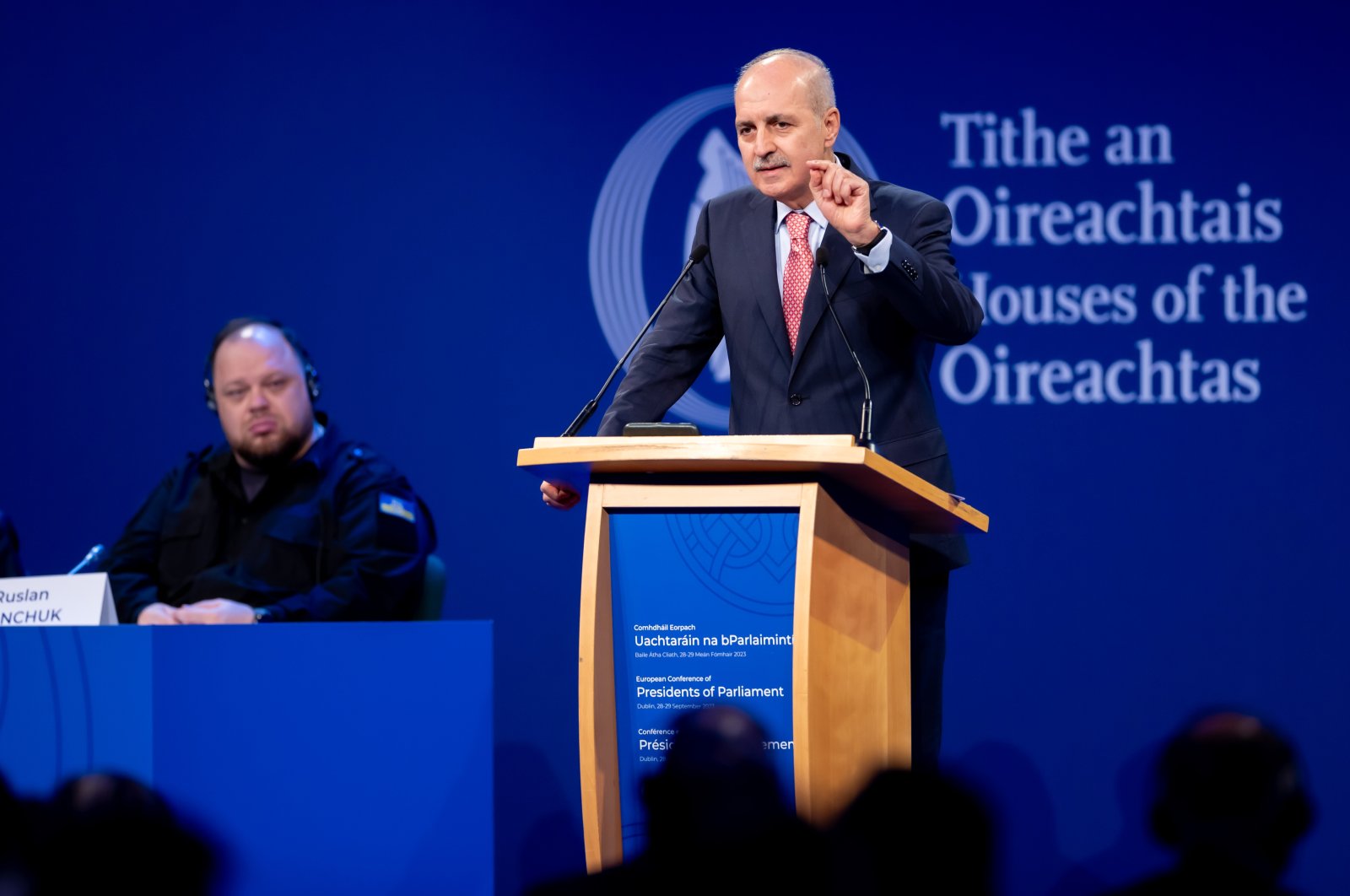 Parliament Speaker Numan Kurtulmuş speaks at the event, in Dublin, Ireland, Sept. 28, 2023.