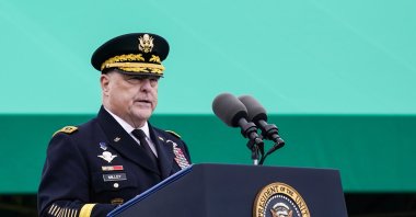The 20th Chairman of the Joint Chiefs of Staff, General Mark A. Milley, speaks during a ceremony at the Armed Forces Farewell Tribute in his honor, and participates in an Armed Forces Hail in honor of General Charles Q. Brown, Jr., the 21st Chairman of the Joint Chiefs of Staff, at Joint Base Myer-Henderson Hall, Arlington, Virginia, D.C., Sept. 29, 2023. (EPA Photo)