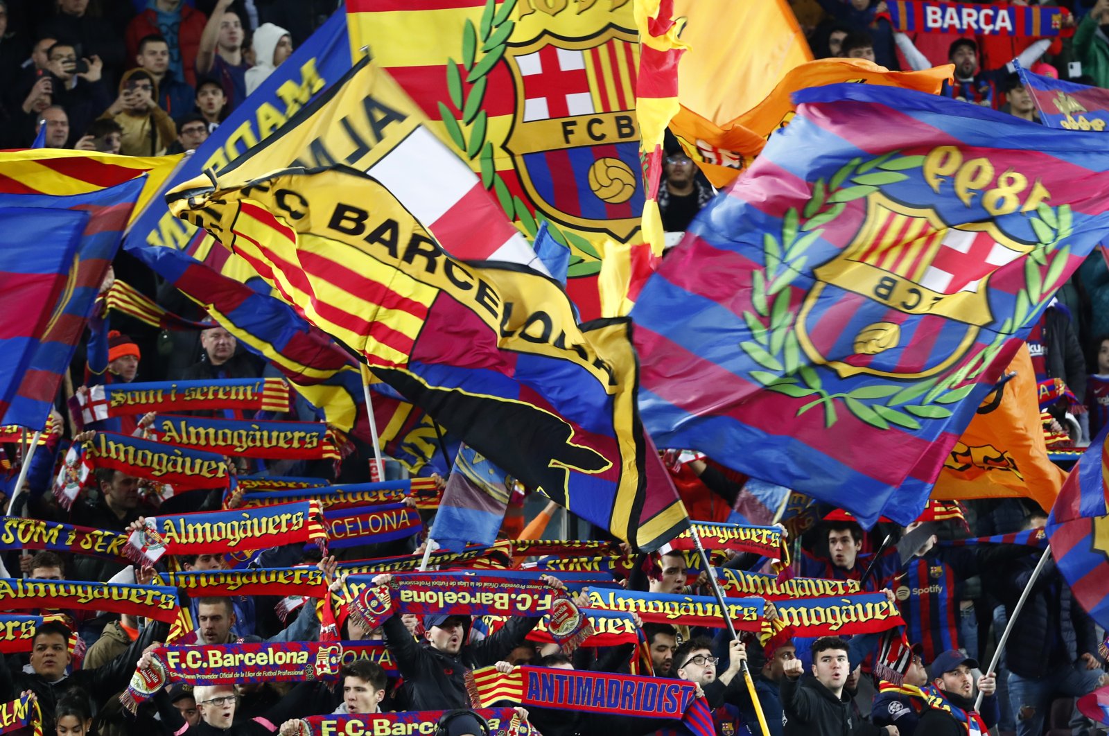 Barcelona fans cheer during a Spanish La Liga match against Sevilla, Barcelona, Spain, Feb. 5, 2023. (AP Photo)