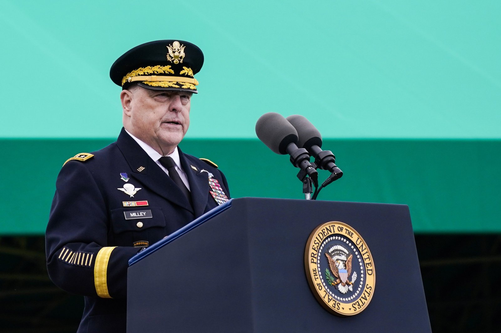The 20th Chairman of the Joint Chiefs of Staff, General Mark A. Milley, speaks during a ceremony at the Armed Forces Farewell Tribute in his honor, and participates in an Armed Forces Hail in honor of General Charles Q. Brown, Jr., the 21st Chairman of the Joint Chiefs of Staff, at Joint Base Myer-Henderson Hall, Arlington, Virginia, D.C., Sept. 29, 2023. (EPA Photo)