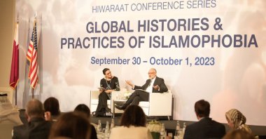Ebrahim Rasool speaks at the conference, Doha, Qatar, Sept. 30, 2023. (Daily Sabah Photo)