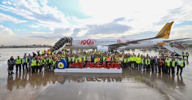A new A321neo aircraft, specially designed to mark the centenary of the Turkish republic, is photographed during a ceremony at Sabiha Gökçen Airport, Istanbul, Türkiye, Oct. 1, 2023. (DHA Photo)