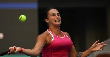 Belarus&#039;s Aryna Sabalenka returns to the US&#039; Sofia Kenin during their women&#039;s singles match of the WTA China Open tennis tournament, Beijing, China, Oct. 1, 2023. (AFP Photo)