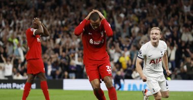 Liverpool's Joel Matip looks dejected after scoring an own goal and Tottenham Hotspur during the English Premier League match between Tottenham Hotspur and Liverpool, London, UK., Sept. 30, 2023. (Reuters Photo)