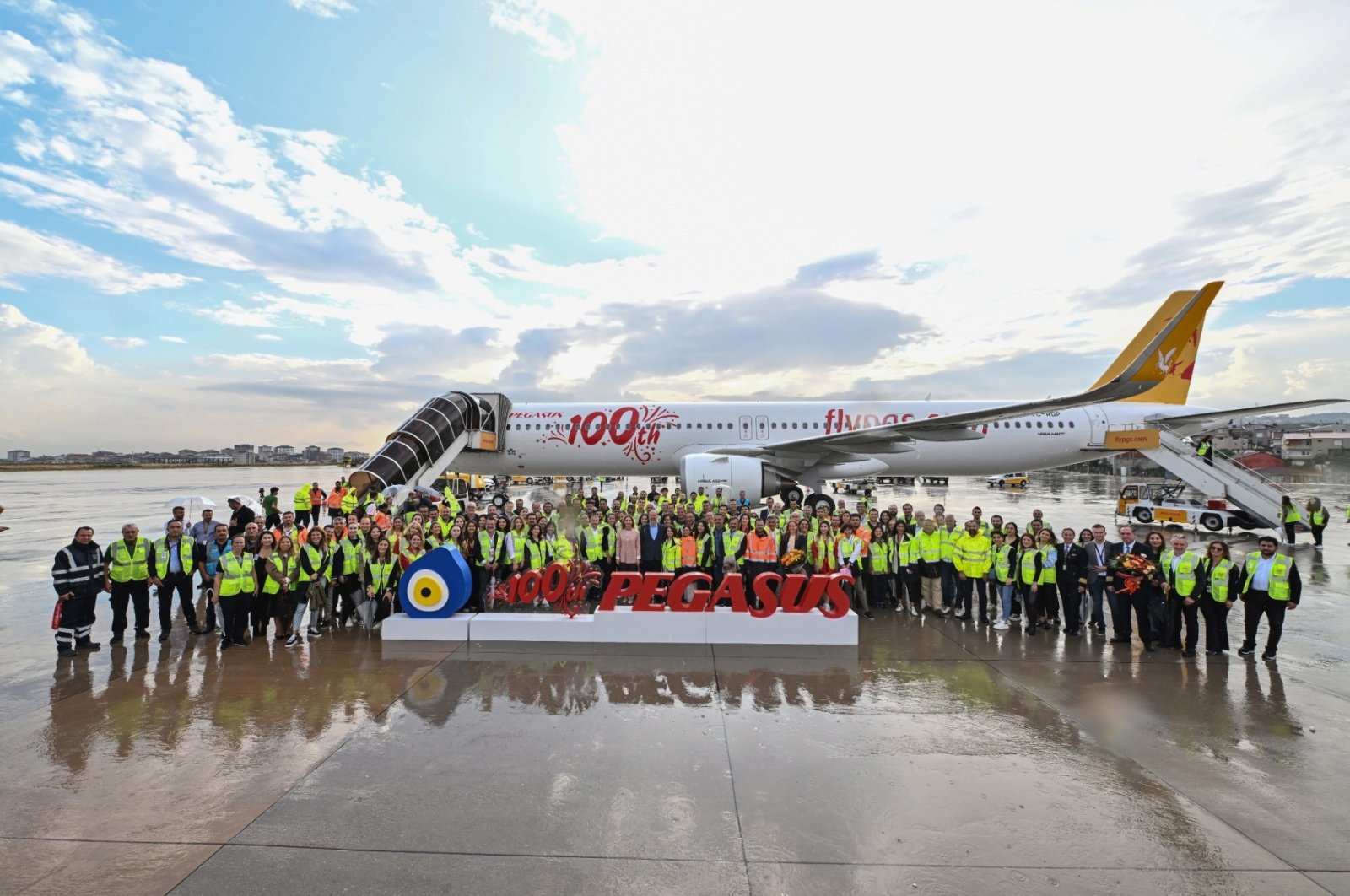 A new A321neo aircraft, specially designed to mark the centenary of the Turkish republic, is photographed during a ceremony at Sabiha Gökçen Airport, Istanbul, Türkiye, Oct. 1, 2023. (DHA Photo)