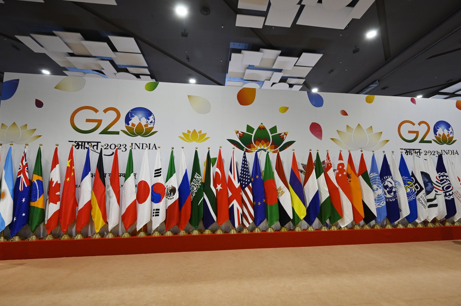 Participating country&#039;s flags are on display at the International Media Centre (IMC) near the Bharat Mandapam, New Delhi, India, Sept. 8, 2023. (Getty Images Photo)