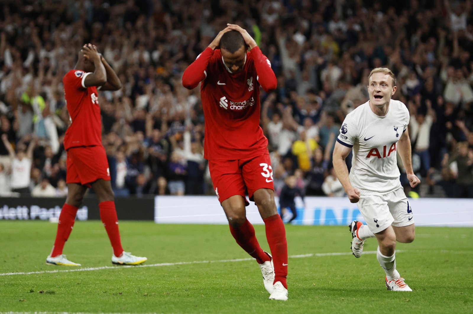 Liverpool&#039;s Joel Matip looks dejected after scoring an own goal and Tottenham Hotspur during the English Premier League match between Tottenham Hotspur and Liverpool, London, UK., Sept. 30, 2023. (Reuters Photo)