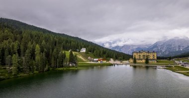 An aerial view of Misurina Lake at Auronzo di Cadore, Misurina, Italy, Aug. 2, 2023. (Getty Images Photo)