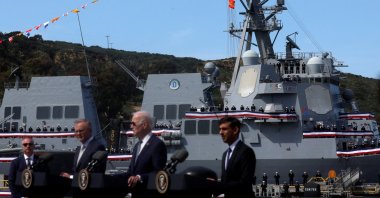 U.S. President Joe Biden, Australian Prime Minister Anthony Albanese and British Prime Minister Rishi Sunak deliver remarks on the Australia-United Kingdom-U.S. (AUKUS) partnership, after a trilateral meeting, at Naval Base Point Loma in San Diego, California U.S. March 13, 2023. (Reuters Photo)