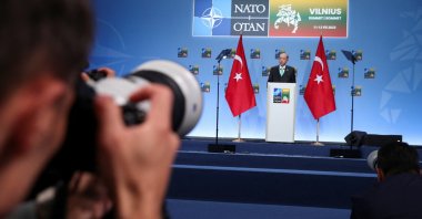 President Recep Tayyip Erdoğan holds a press conference during a NATO leaders summit in Vilnius, Lithuania, July 12, 2023. (Reuters Photo)
