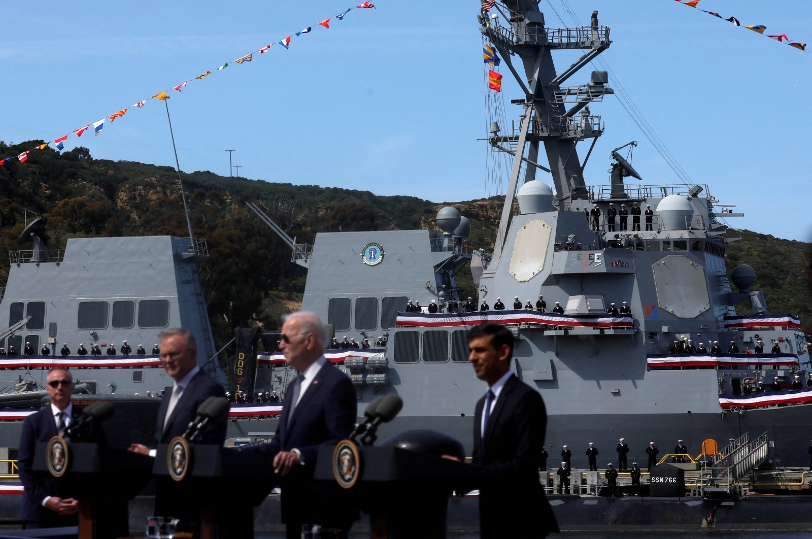 U.S. President Joe Biden, Australian Prime Minister Anthony Albanese and British Prime Minister Rishi Sunak deliver remarks on the Australia-United Kingdom-U.S. (AUKUS) partnership, after a trilateral meeting, at Naval Base Point Loma in San Diego, California U.S. March 13, 2023. (Reuters Photo)