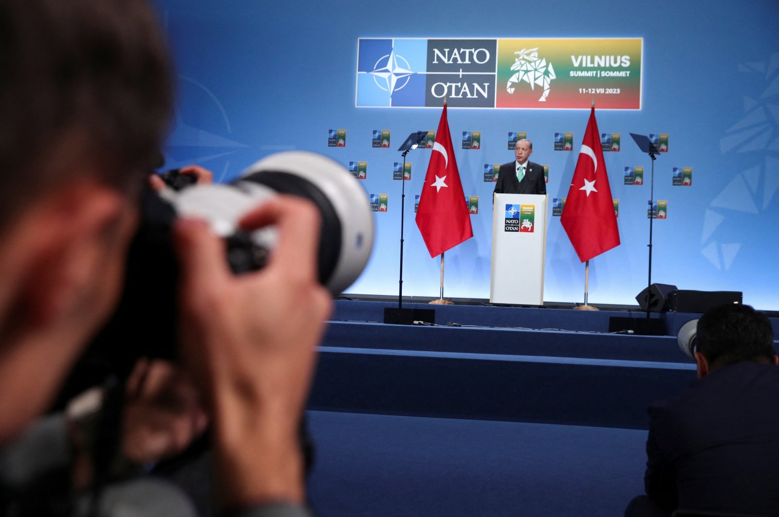 President Recep Tayyip Erdoğan holds a press conference during a NATO leaders summit in Vilnius, Lithuania, July 12, 2023. (Reuters Photo)