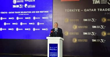 Trade Minister Ömer Bolat delivers a speech during the Türkiye-Qatar Trade Delegation meeting, Doha, Qatar, Oct. 2, 2023. (IHA Photo)