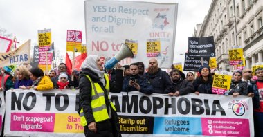 A protester shouts &quot;No To Islamophobia&quot; during a protest in London, U.K., Feb. 16, 2019. (Shutterstock Photo)