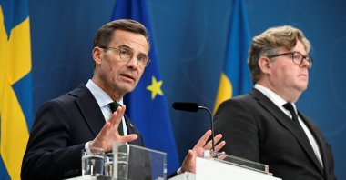 Sweden's Prime Minister Ulf Kristersson and Minister of Justice Gunnar Strommer attend a press conference in Stockholm, Sweden, Sept. 29, 2023. (TT News Agency via Reuters)