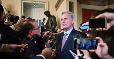 Speaker of the House Kevin McCarthy, Republican of California, talks to reporters, outside his office at the U.S. Capitol in Washington, D.C. Oct. 3, 2023. (AFP Photo)