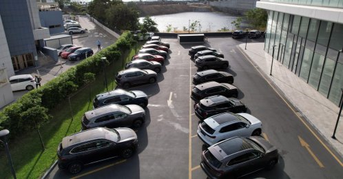 T10Xs, fully electric SUV models of Türkiye's first domestic car brand, Togg, are parked near a showroom in Istanbul, Türkiye, Sept. 27, 2023. (IHA Photo)