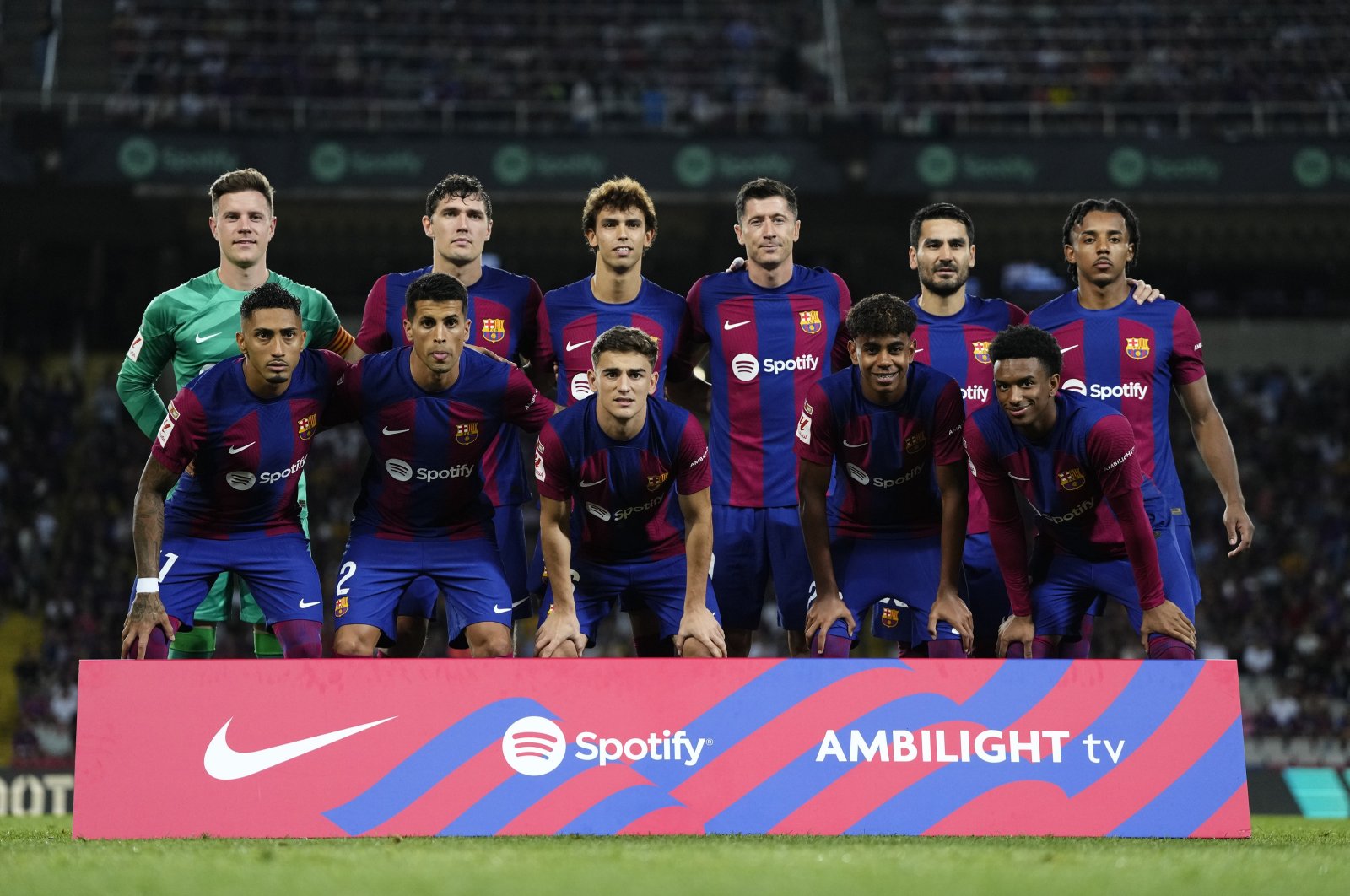 Barcelona players pose before the Spanish Liga football match between FC Barcelona and Sevilla FC at the Estadi Olimpic Lluis Companys, Barcelona, Spain, Sept. 29, 2023. (AFP Photo)