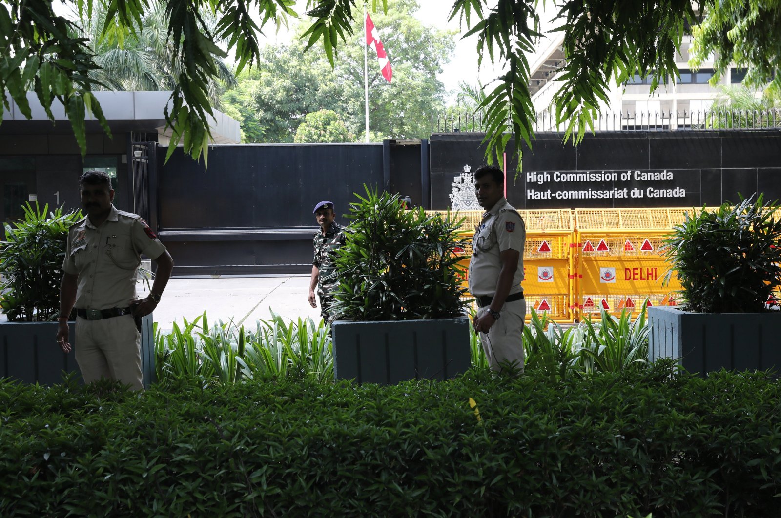 Indian policemen secure the premises around the Canadian embassy in New Delhi, India, Sept. 19, 2023. (EPA Photo)