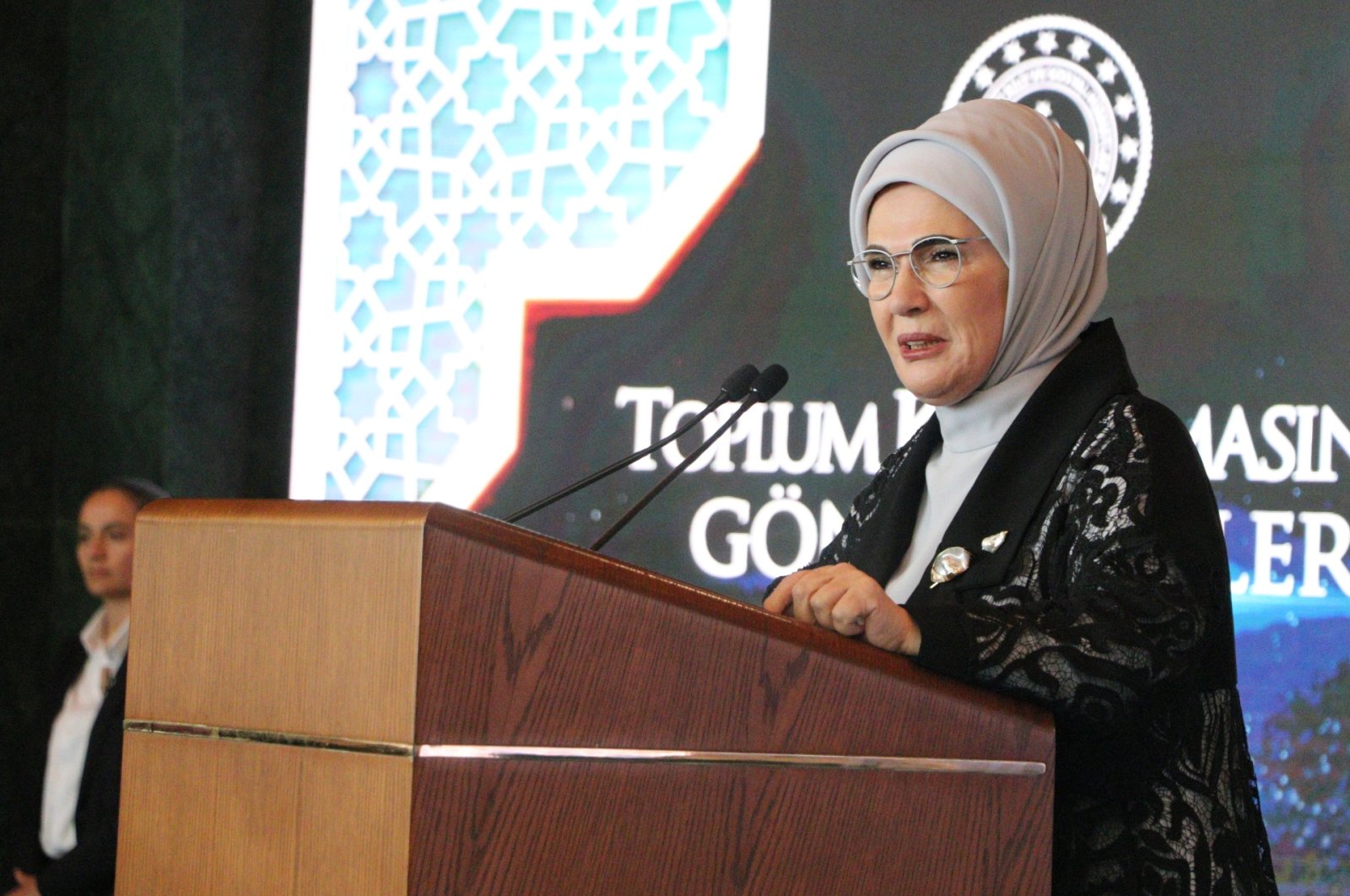 First Lady Emine Erdoğan speaks at a gathering for orphaned children with spouses of governors in Ankara, Oct. 3, 2023. (DHA Photo)