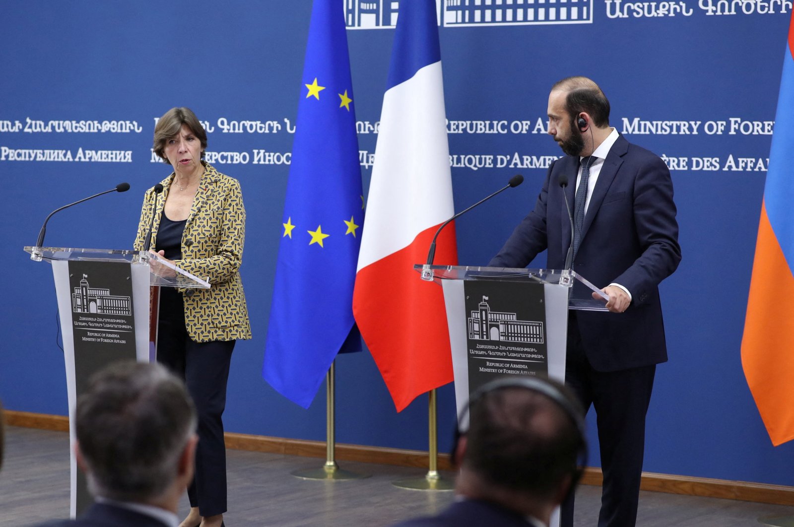 French Foreign and European Affairs Minister Catherine Colonna and Armenian Foreign Minister Ararat Mirzoyan attend a news conference following their meeting in Yerevan, Armenia Oct. 3, 2023. (Reuters Photo)