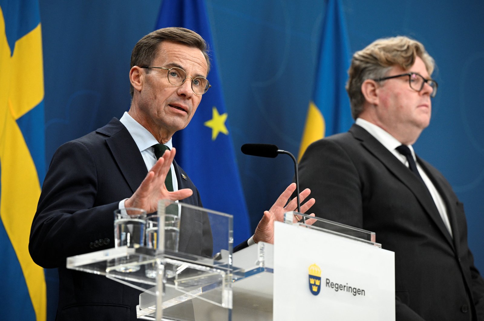 Sweden&#039;s Prime Minister Ulf Kristersson and Minister of Justice Gunnar Strommer attend a press conference in Stockholm, Sweden, Sept. 29, 2023. (TT News Agency via Reuters)