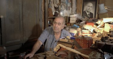 Bedros Muradyan, the last "hakkak" (engraver) in Istanbul, poses during the interview, Istanbul, Türkiye, Sept. 27, 2023. (Photo by Eyüp Kaymak, Serkan Hervenik)
