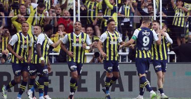 Fenerbahçe players celebrate after a goal during the match against Rizespor, Istanbul, Türkiye, Oct. 1, 2023. (IHA Photo)