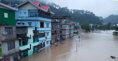 A view of a flooded street in Lachen Valley, Sikkim state, northeast India, Oct. 4, 2023. (AFP Photo)