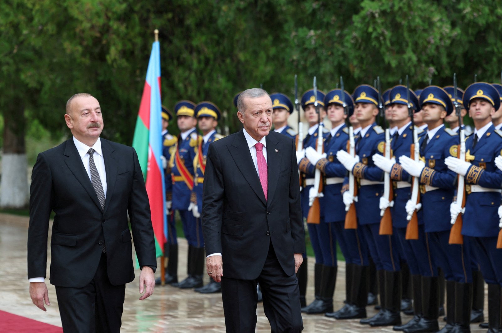 President Recep Tayyip Erdoğan and Azerbaijani President Ilham Aliyev attend a welcoming ceremony in Nakhchivan, Azerbaijan, Sept. 25, 2023. (Reuters Photo)