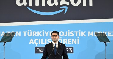 Turkish Presidency Investment Office Head Burak Dağlıoğlu delivers a speech during the opening ceremony of Amazon logistics center in Istanbul, Türkiye, Oct. 4, 2023. (AA Photo) 