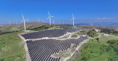 An aerial view of a wind power plant operated by Enerjisa, Balıkesir, Türkiye, Oct. 5, 2023. (DHA Photo)