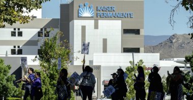 Health care workers picket outside Kaiser Permanente hospital during a nationwide strike in Moreno Valley, California, United States, Oct. 4, 2023. (AP Photo)