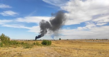 An explosion is seen in the Qamishli district in northern Syria, controlled by the terrorist PKK&#039;s offshoot YPG, Oct. 5, 2023. (DHA Photo)