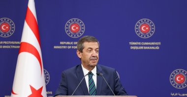 TRNC Foreign Minister Tahsin Ertuğruloğlu speaks in a news conference with his Turkish counterpart (not pictured) Hakan Fidan in Ankara, Türkiye, Oct. 4, 2023. (AA Photo)