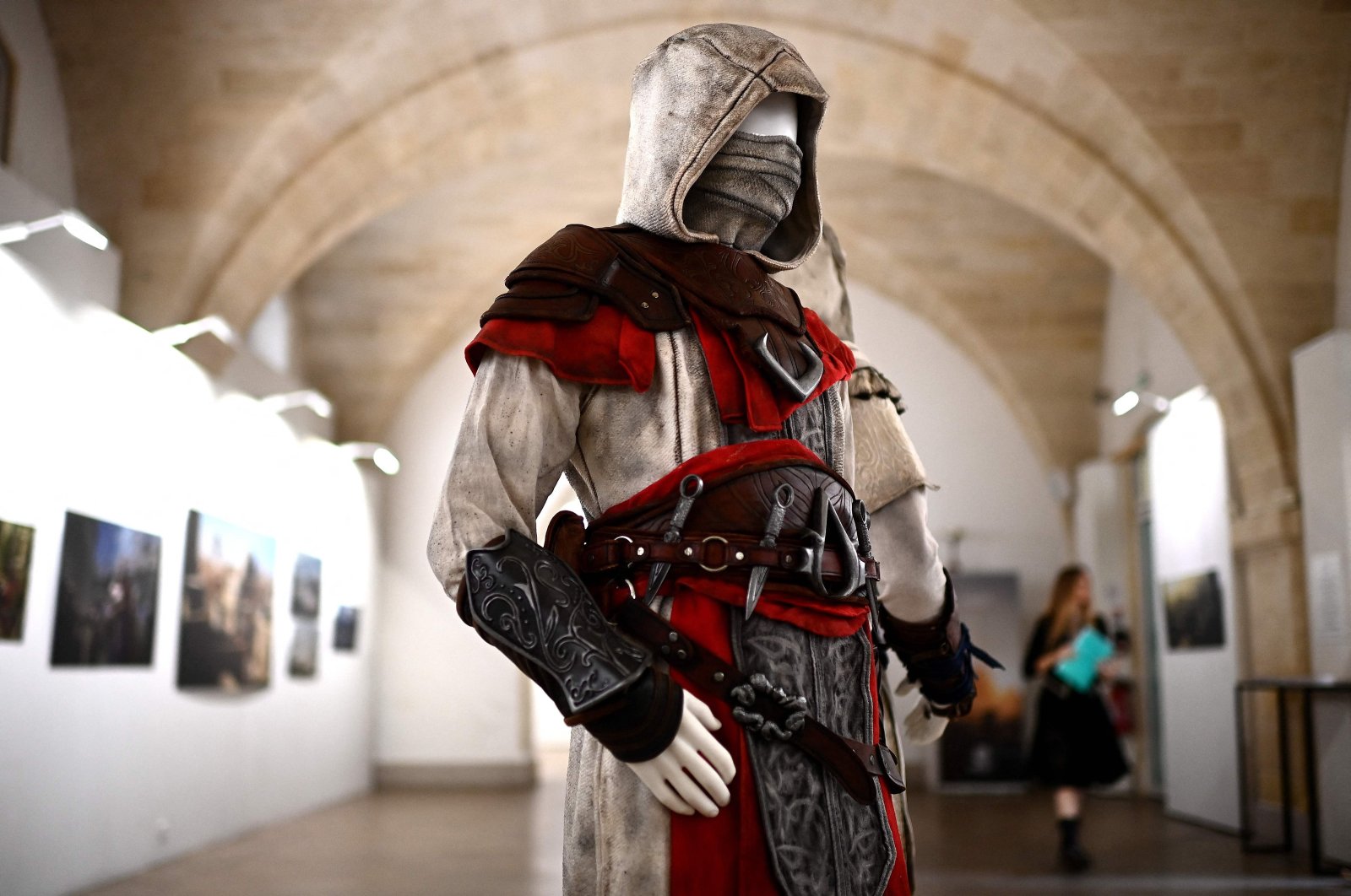 The costume of a character from Ubisoft&#039;s forthcoming video game &quot;Assassin&#039;s Creed Mirage&quot; created by artist Rick Boer, on display at an exhibition in Bordeaux, southwestern France, Oct. 3, 2023. (AFP Photo)