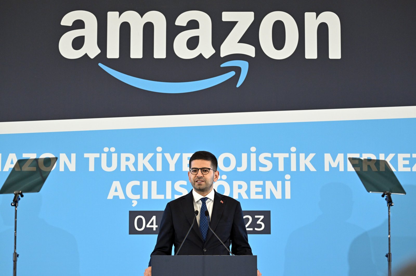 Turkish Presidency Investment Office Head Burak Dağlıoğlu delivers a speech during the opening ceremony of Amazon logistics center in Istanbul, Türkiye, Oct. 4, 2023. (AA Photo) 