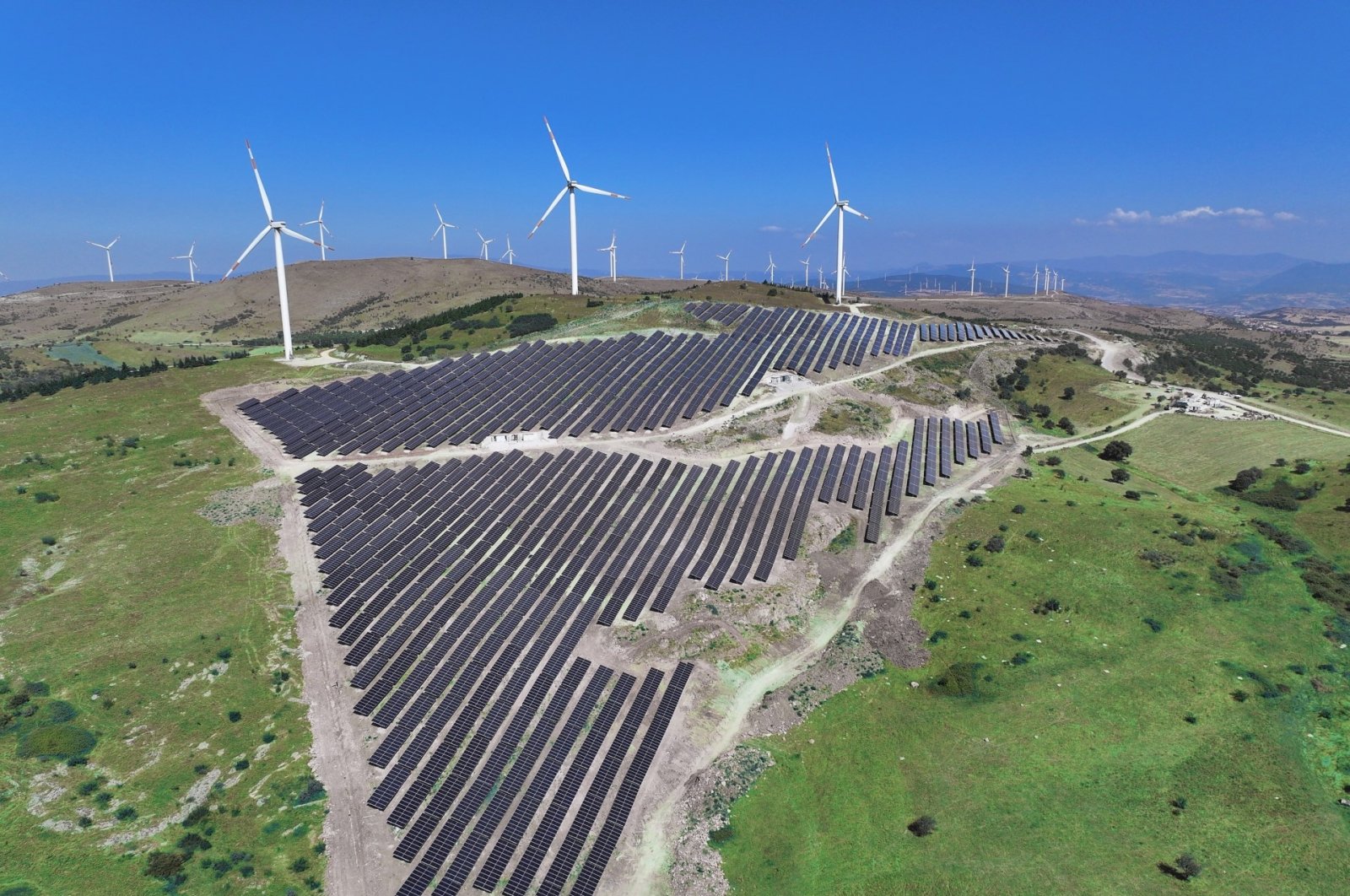 An aerial view of a wind power plant operated by Enerjisa, Balıkesir, Türkiye, Oct. 5, 2023. (DHA Photo)