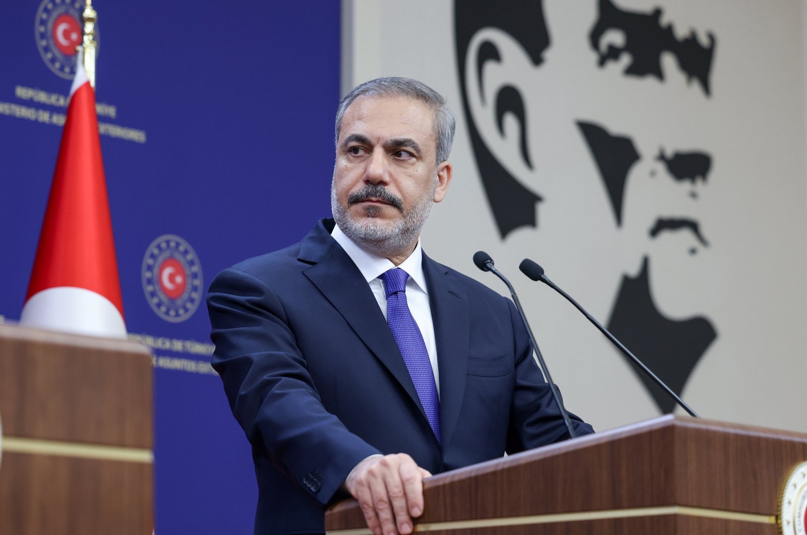 Foreign Minister Hakan Fidan speaks at a news conference, in the capital Ankara, Türkiye, Oct. 4, 2023. (AA Photo)