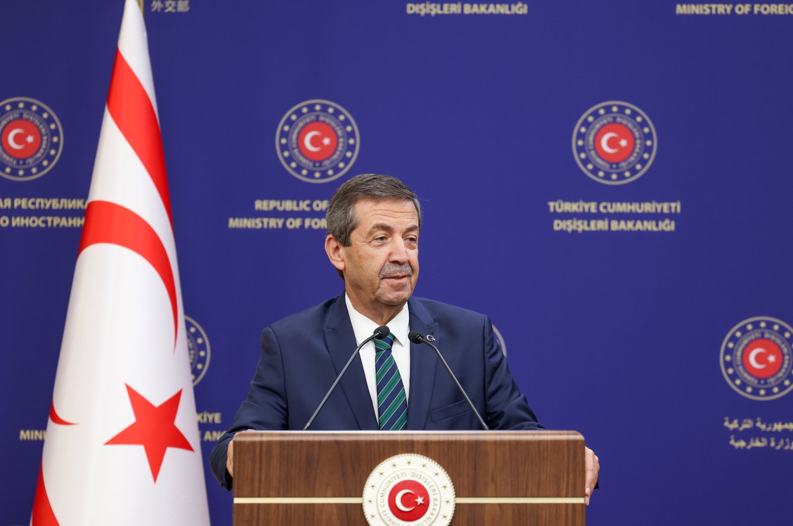 TRNC Foreign Minister Tahsin Ertuğruloğlu speaks in a news conference with his Turkish counterpart (not pictured) Hakan Fidan in Ankara, Türkiye, Oct. 4, 2023. (AA Photo)