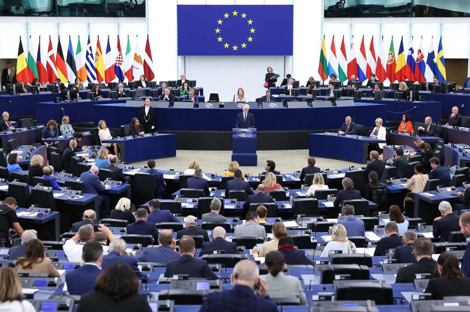 Czech President Petr Pavel addresses MEPs during a plenary session at the European Parliament in Strasbourg, France, Oct. 4, 2023. (AFP Photo)