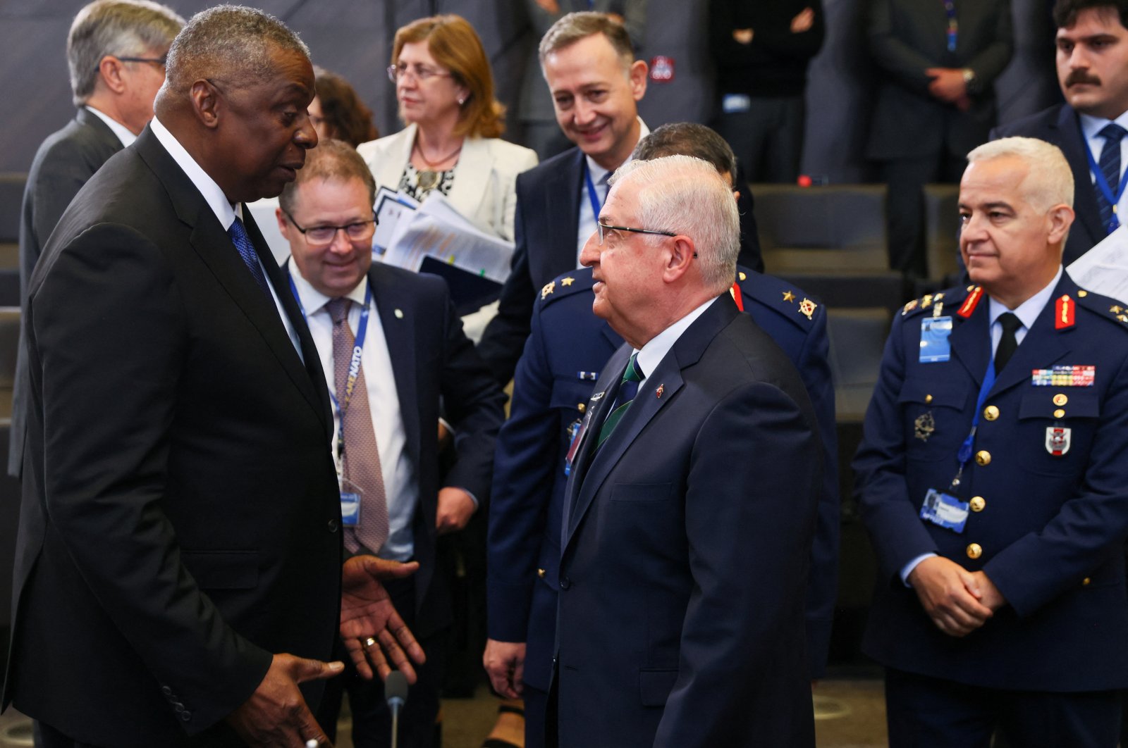 Defense Minister Yaşar Güler and U.S. Secretary of Defense Lloyd Austin speak as they take part in a NATO defense ministers&#039; meeting at alliance headquarters in Brussels, Belgium, June 16, 2023. (Reuters File Photo)
