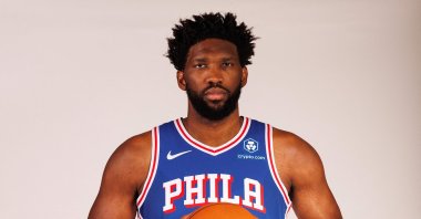 Philadelphia 76ers's Joel Embiid poses for a portrait during Philadelphia 76ers media day at 76ers Training Complex, New Jersey, US., Oct.2, 2023. (AFP Photo)