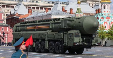 A Russian army RS-24 Yars nuclear-capable ballistic missile makes its way through the Red Square during the Victory Day military parade, Moscow, Russia, May 9, 2023. (AP Photo)