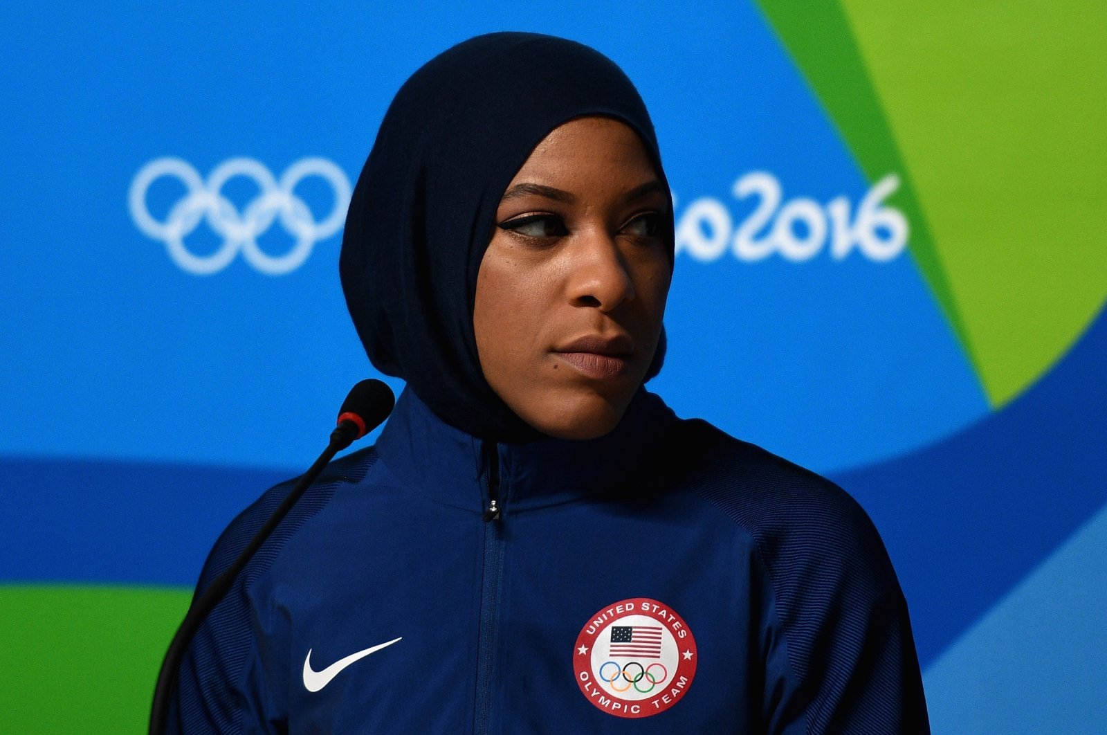 American Olympic fencer Ibtihaj Muhammad faces the media during a press conference, Rio de Janeiro, Brazil, Aug. 4, 2016.  (Getty Images Photo)